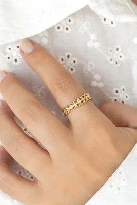 DHARMONYCO Pirinç Gold Zirkon Taşlı Yaprak Model Ayarlanabilir Yüzük