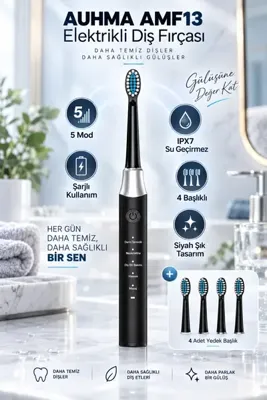 Blackbird Game Center Auhma AMF13 Siyah Elektrikli Diş Fırçası Şarjlı 5 Mod IPX7 Su Geçirmez 4 Başlıklı