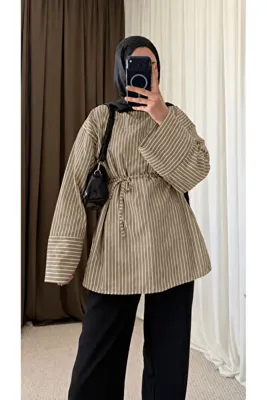 Hepsi Moda Biye Kemerli Oversize Çizgili Gömlek - Vizon