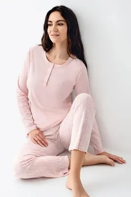 Pierre Cardin 9086 Kadın Düğmeli Bisiklet Yaka Uzun Kollu Pijama Takımı-Pembe