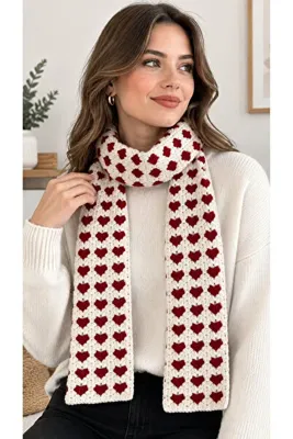 Walora Love Collection El Örgüsü Kalpli Kadın Atkı – Beyaz & Kırmızı Kalp Desenli Yumuşak Kışlık Atkı