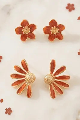 AURRARİ Bal Rengi 2'li Papatya ve Sakura Çiçek Küpe Seti