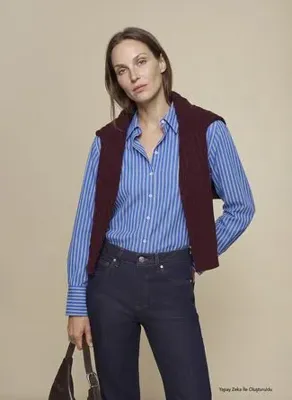 Brooks Brothers BBFW26FSH010 Mavi - Bordo Kadın Gömlek Çizgili Oversize Gömlek