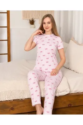 Genel Markalar Pink Kurdele Desenli Pamuklu Bisiklet Yaka Pijama Takımı