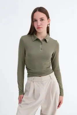 Addax Polo Yaka Büzgülü Bluz B06045