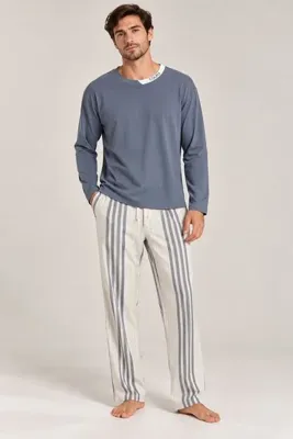 İPEKTENİM Yazı Baskılı Yaka Biye Detaylı Çizgili Erkek Couple Pijama Takımı