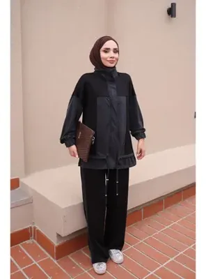 İmaj Butik Siyah Fermuarlı Renk Bloklu Modal Tunik Pantolonlu Takım
