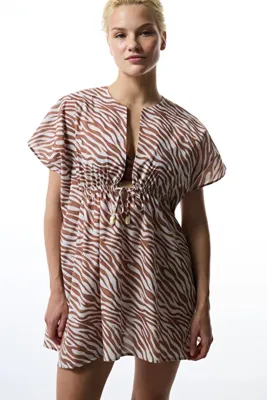 Penti Gale Zebra Desenli Bağlama Detaylı Mini V Yaka Kaftan
