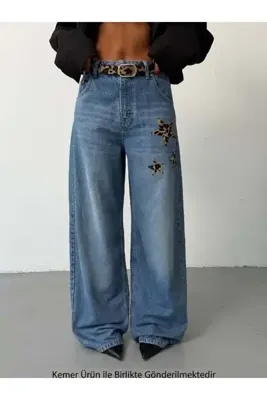 HerTon Kadın Yüksek Bel Wide Leg Leopar Yıldız Yama Detaylı Kot Pantolon