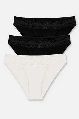 SUWEN Siyah / Siyah / Ekru 3'lü Pamuklu Dantelli Normal Bel Slip Külot