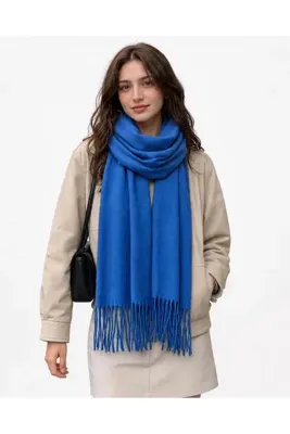 Tiştok accessory Kadın Saks Mavi Kaşmir Yumuşak Dokulu Püsküllü Kışlık Atkı Şal