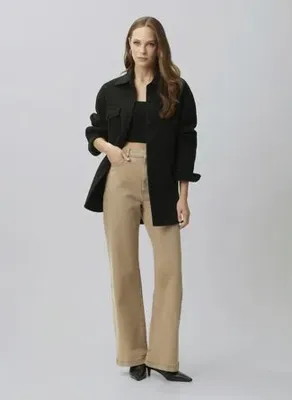 Network DNM-PNT-1053 Bej Kadın Yüksek Bel Bol Paça Denim Pantolon