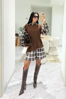 Seda Yalçın Atelier Ekoseli Süveter Detaylı Mini Elbise