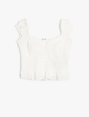 Koton Poplin Bluz Crop Fırfırlı Kalın Askılı Düğmeli Kalp Yaka