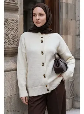 InStyle Çift Düğme Detay Ekru Triko Hırka