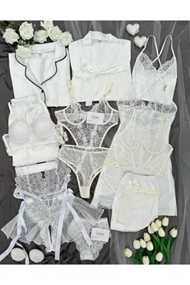 Lena Homewears Ekru Saten Mega 12'li Parça Dev Pijama Gecelik Sabahlık Iç Giyim Gelin Çeyiz Seti