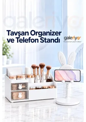 Galeriyo Tavşan Kulplu Makyaj Organizeri & Tavşan Figürlü Telefon Tablet Standı Ikili Set Pembe