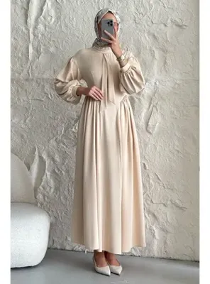 InStyle Yakası Kuşaklı Kolları Balon Bej Elbise