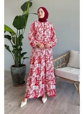 InStyle Balon Kol Tropikal Kırmızı Viskon Elbise