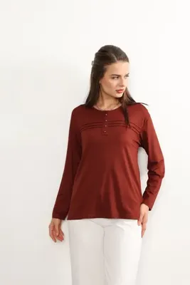 Nacar Moda Kadın Likralı Orta Yaş Ve Üzeri Dört Mevsim Kiremit Anne Penye Bluz Yeni Sezon Çizgili Şeritli