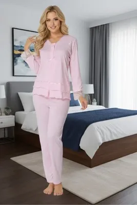 Lohusa Homewear Kadın Pembe Uzun Kollu Düğmeli Dantel Detaylı Tasarım Hamile Lohusa Pijama Takımı