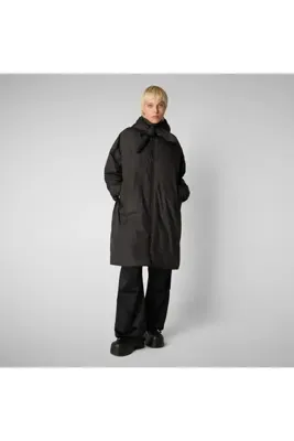 Save The Duck Winona Kadın Kapüşonlu Şişme Mont, Dolgulu, Uzun, Oversize Fit, Koyu Kahverengi