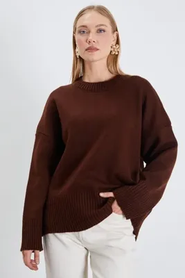 Fulla Moda Geniş Kol Bisiklet Yaka Salaş Triko Kazak