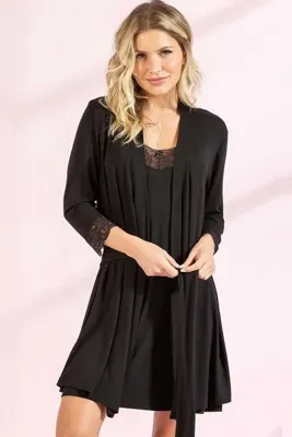 PEMBİŞ HOMEWEAR Kamelya Siyah Düğmeli 2li Sabahlık Seti