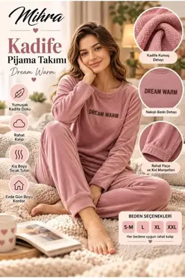Mihra Kadın Pijama Takımı-Kadife Pijama-Gül Kurusu Rengi- Yumuşak Pijama Takımı