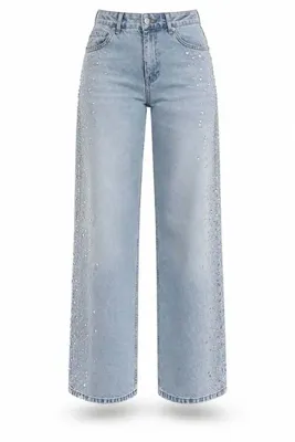 5in1Canpolat Açık Mavi Yanları Taşlı Wide Leg Jean 19119