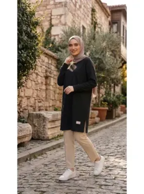 Plistre Kadın Düz Renk Yumuşacık Rahat Kesim Basen Kapatan Yanı Yırtmaçlı Fitilli Triko Kazak Tesettür Tunik_2327
