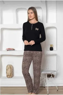 Genel Markalar Leopar Desenli Uzun kollu Kadın Pijama Takımı - Fiyonk Nakışlı Likralı Rink Viskon 2805