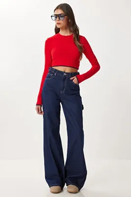 Lovelyİstanbul Kemer Detaylı Geniş Paça Jean LRI0026 KOYU MAVİ