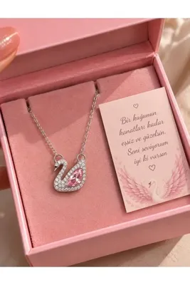 perry accessories kararmaz çelik pembe kuğu kolye özel tasarım kuğu kolye özel notlu çelik kolye