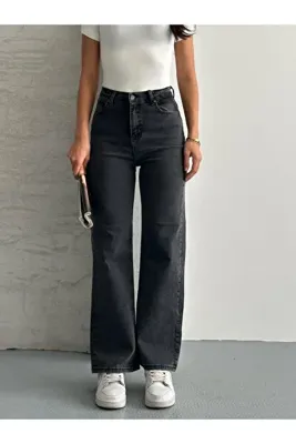 modazoom Jesus 90's Kadın Füme Likralı Bol Paça Jean Salaş Wide Leg Antrasit Kot Pantolon
