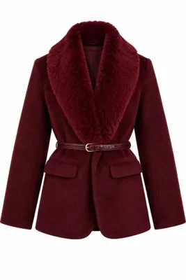 Laluvia Bordo Kürk Yaka Peluş Ceket - 9688