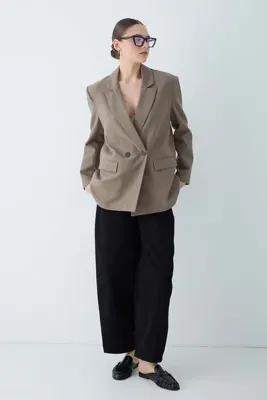 JASTE Kadın Kruvaze Yaka Çift Düğmeli Cep Kapak Detaylı Blazer Ceket -Haki