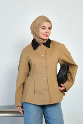 LOCCO Kadın Kontrast Yaka Belden Oturtmalı Astarlı Ceket Camel