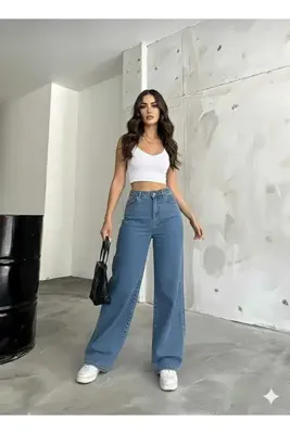 DRC trend Denny Likralı Orta Mavi Salaş Süper Yüksek Bel Salaş Paça Denim Kot