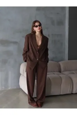Zey Studio Kadın Kahverengi Çift Düğme Detaylı Ekstra Oversize Blazer Ceket