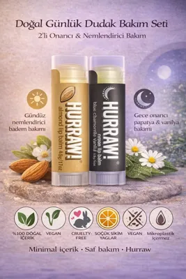 Hurraw Almond Ve Moon Dudak Balmı 2 Li Set %100 Doğal Vegan Gece Ve Günlük Bakım
