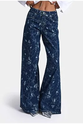 it's basic Kadın Mavi 1w6-5 Palazzo Fit Özel Çiçek Baskılı Kumaş Tasarım Denim Jean