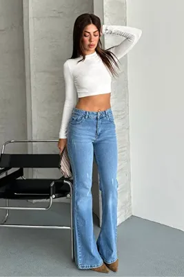 macharel jeans Kadın Yeni Sezon Yüksek Bel İspanyol Paça Jean Pantolon