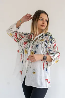 citycenterfashion Kadın Büyük Beden Katlama Kol Gömlek Bluz cty-akc-uzd1 %100 Pamuk Organik Keten