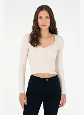 U.S. Polo Assn. Kadın Krem V Yaka Kazak50293163-VR071