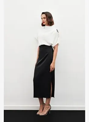 Sateen Bel Pile Detaylı Saten Etek - Siyah