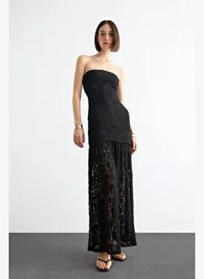 DeFacto Slim Fit Dar Kesim Vücudu Saran Dantel Straplez Siyah Maxi Elbise