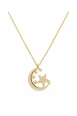 Sitare Jewelry 925 Ayar Gümüş Gold Renk Zirkon Taşlı Ay Yıldız Kolye