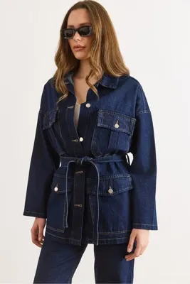 Olalook Kadın Lacivert Kuşaklı 4 Cepli Denim Ceket CKT-19000503