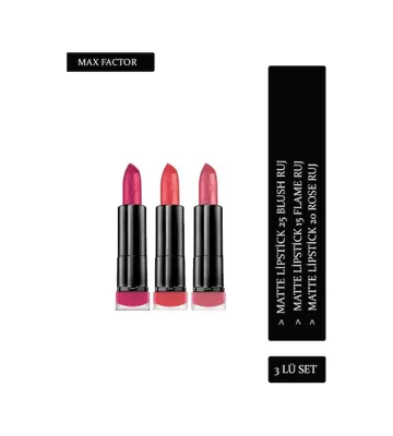 Max Factor Matte Lipstick Ruj 15 Flame + 20 Rose + 25 Blush
